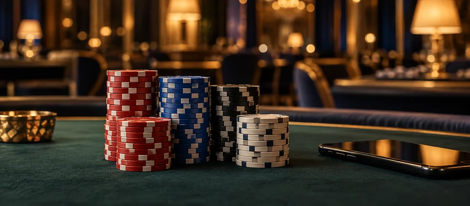 Jetons de casino sur une table avec un téléphone