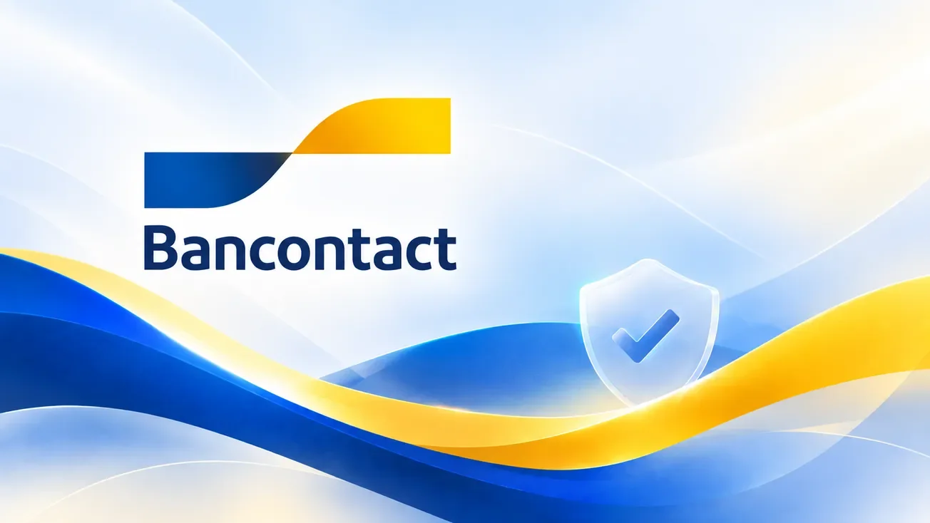 Logo Bancontact avec vagues bleues et jaunes et symbole de sécurité sur fond clair