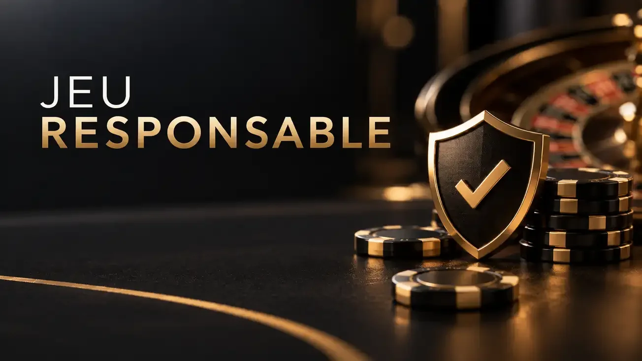 Jeu responsable au casino belge avec bouclier de sécurité, jetons noirs et dorés et roulette en arrière-plan
