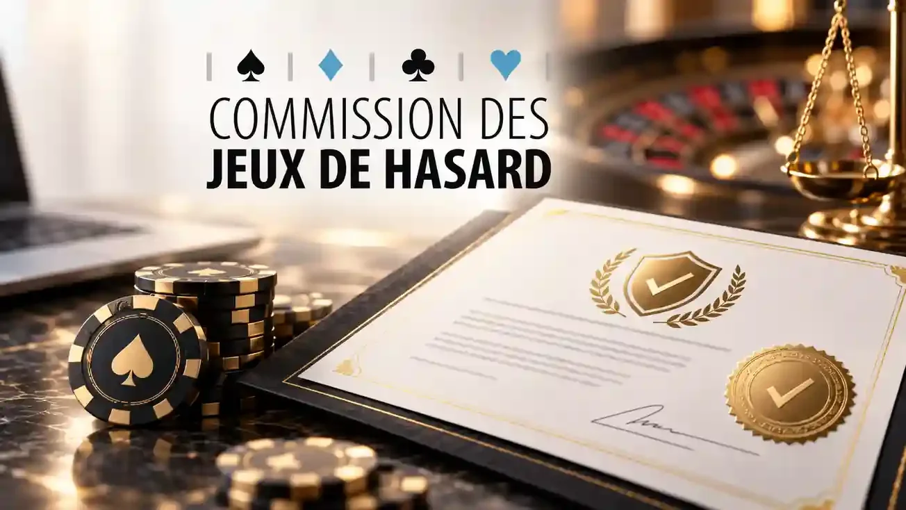 Logo de la Commission des Jeux de Hasard, licence officielle, jetons de casino et roulette en arrière-plan