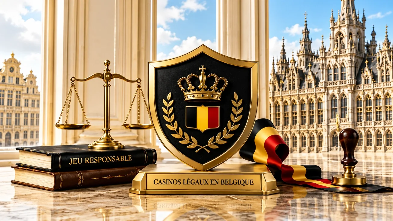 Illustration des casinos légaux en Belgique avec drapeau belge, balance de justice et symbole de protection