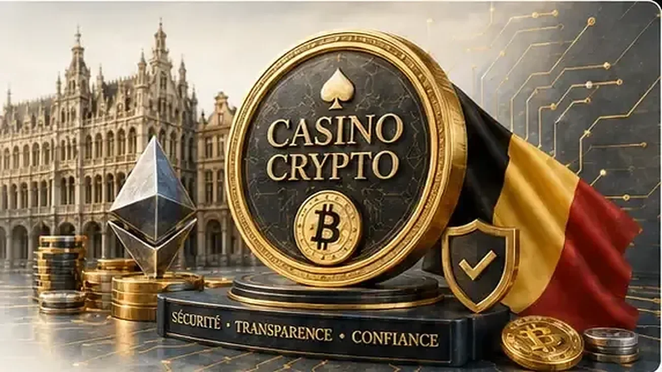 Casino crypto en Belgique avec Bitcoin, Ethereum, drapeau belge et symboles de sécurité numérique