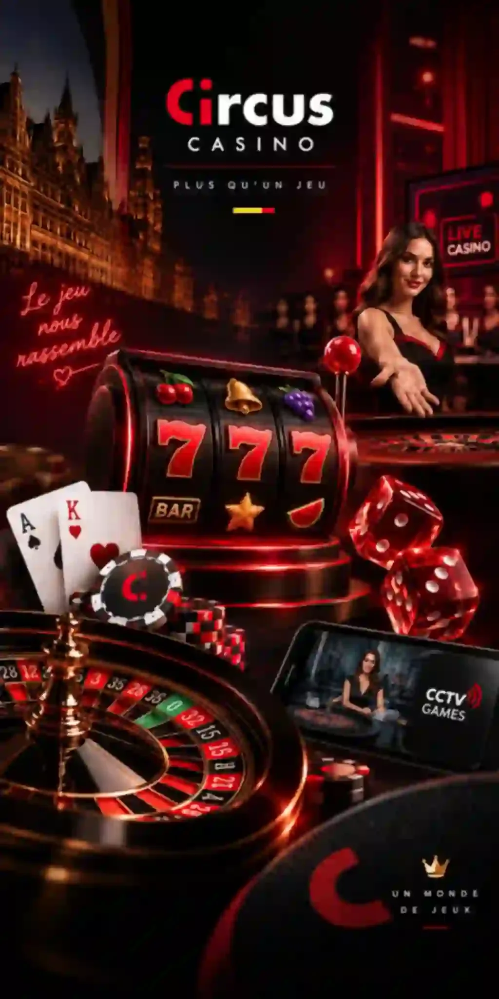 Catalogue de jeux Circus Casino avec machines à sous, roulette, dés, blackjack, live casino et CCTV Games